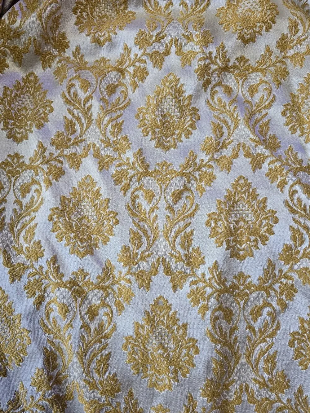 Pair Vintage Gold White Damask Brocade Austrian Curtains Valances Hollywood...